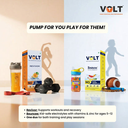 Volt Hydration Duo — Revivor + Bouncee | Zero-Sugar Adult Energy & Kids Electrolyte Vitamins | Caffeine Free, Preservatives Free | 22 Sachets