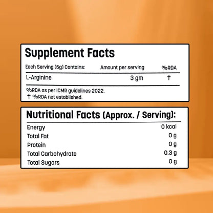 Supplement facts label with L-Arginine content on a Orange color background