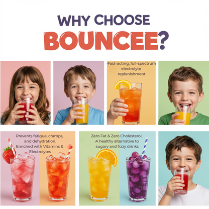 Promotional image for Bouncee drinks featuring children with different colored drinks on a white background.