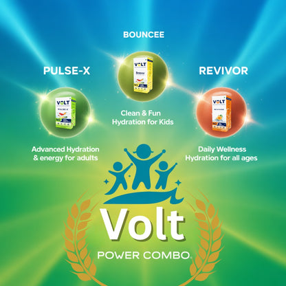 Volt Power Trio – Family Wellness Hydration Pack | Pulse-X • Bouncee • Revivor | Daily Electrolytes & Immunity Boosters | Zero Sugar | Pack of 34 | For All Ages