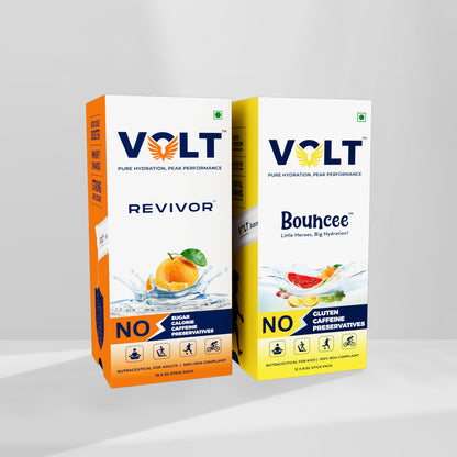 Two VOLT health product boxes, 'Revivor' and 'Bouncee', on a light gray background.