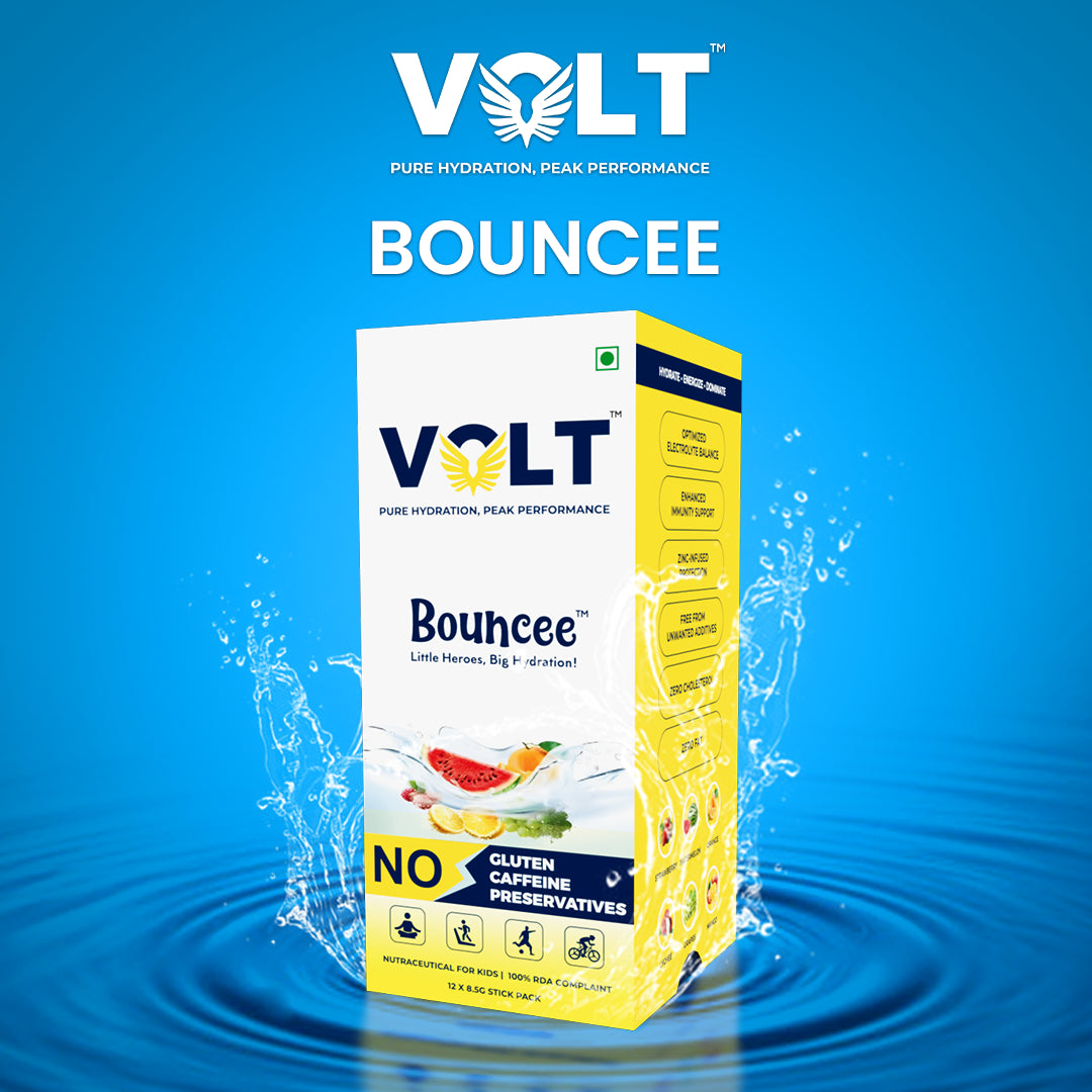 Volt Bouncee packaging on a blue background with water effects