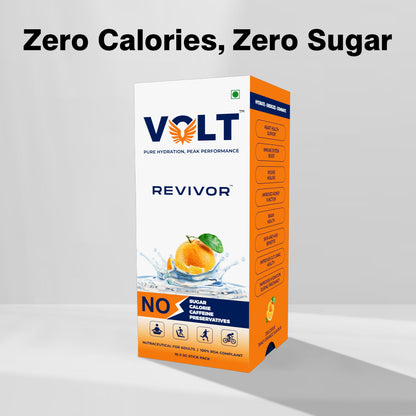 VOLT Revivor packaging with orange and white design on a gray background