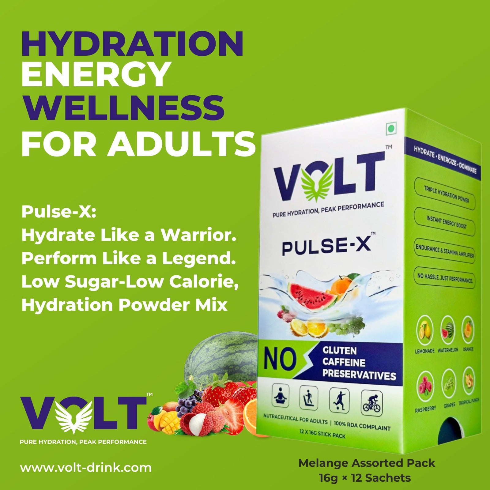 Pulse-X is a caffeine-free, sugar-free hydration drink for active adults. Packed with electrolytes, B-vitamins, and Vitamin C, it delivers clean, natural energy. No artificial additives, just fast-absorbing, nutrient-dense hydration for performance and recovery.