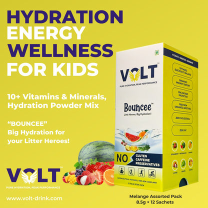Bouncee – Healthy Kids Hydration Drink Mix | Electrolytes + Vitamins | Assorted Fruit Flavours | 12 Sachets x 8.5g | Caffeine-Free & Tummy-Friendly